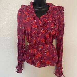 Free People Long Sleeve Wrap Top Womens Size Large Cotton Floral Romantic Ruffle